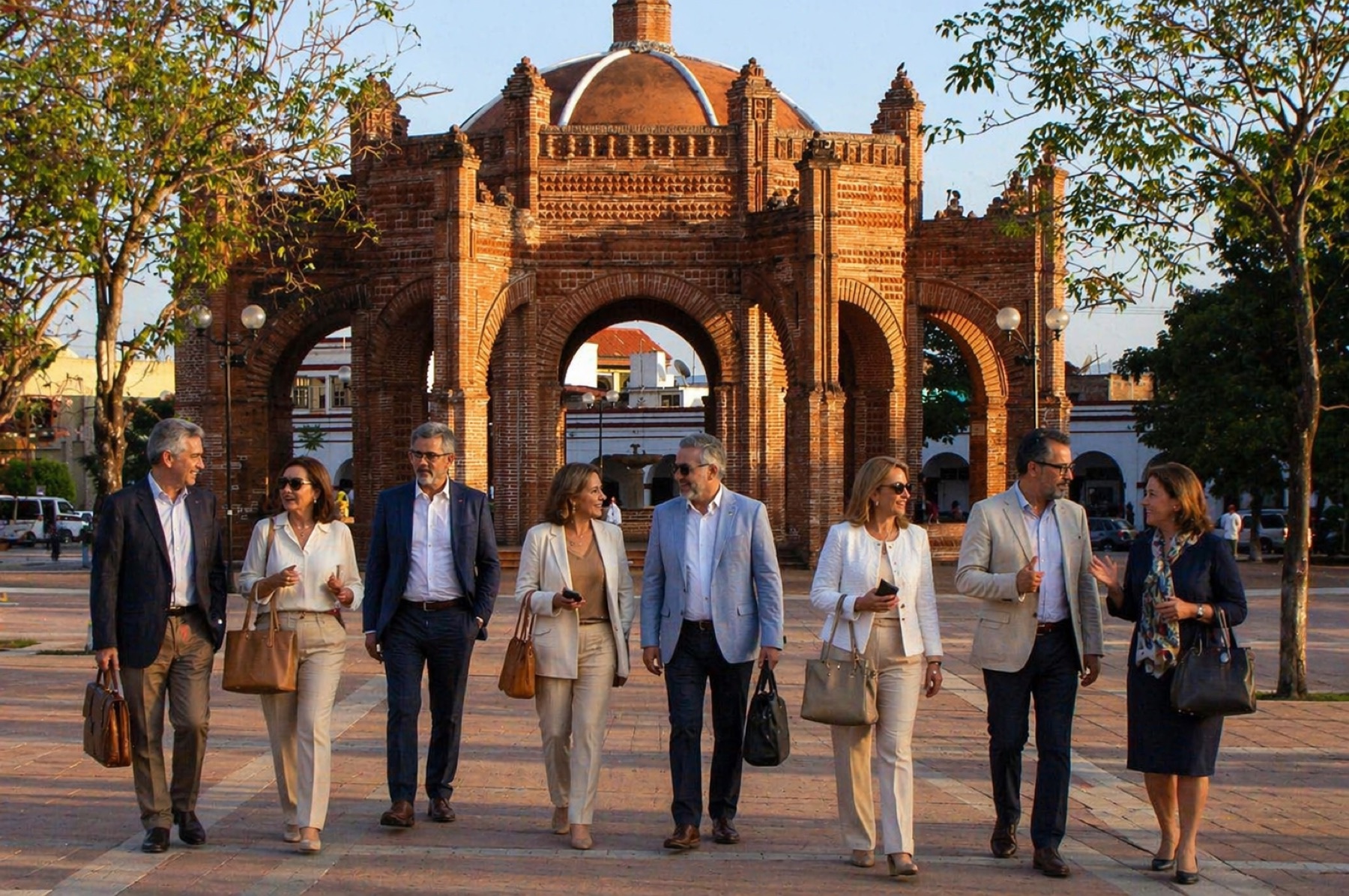 Grupo corporativo caminando en un espacio emblemático de Chiapas
