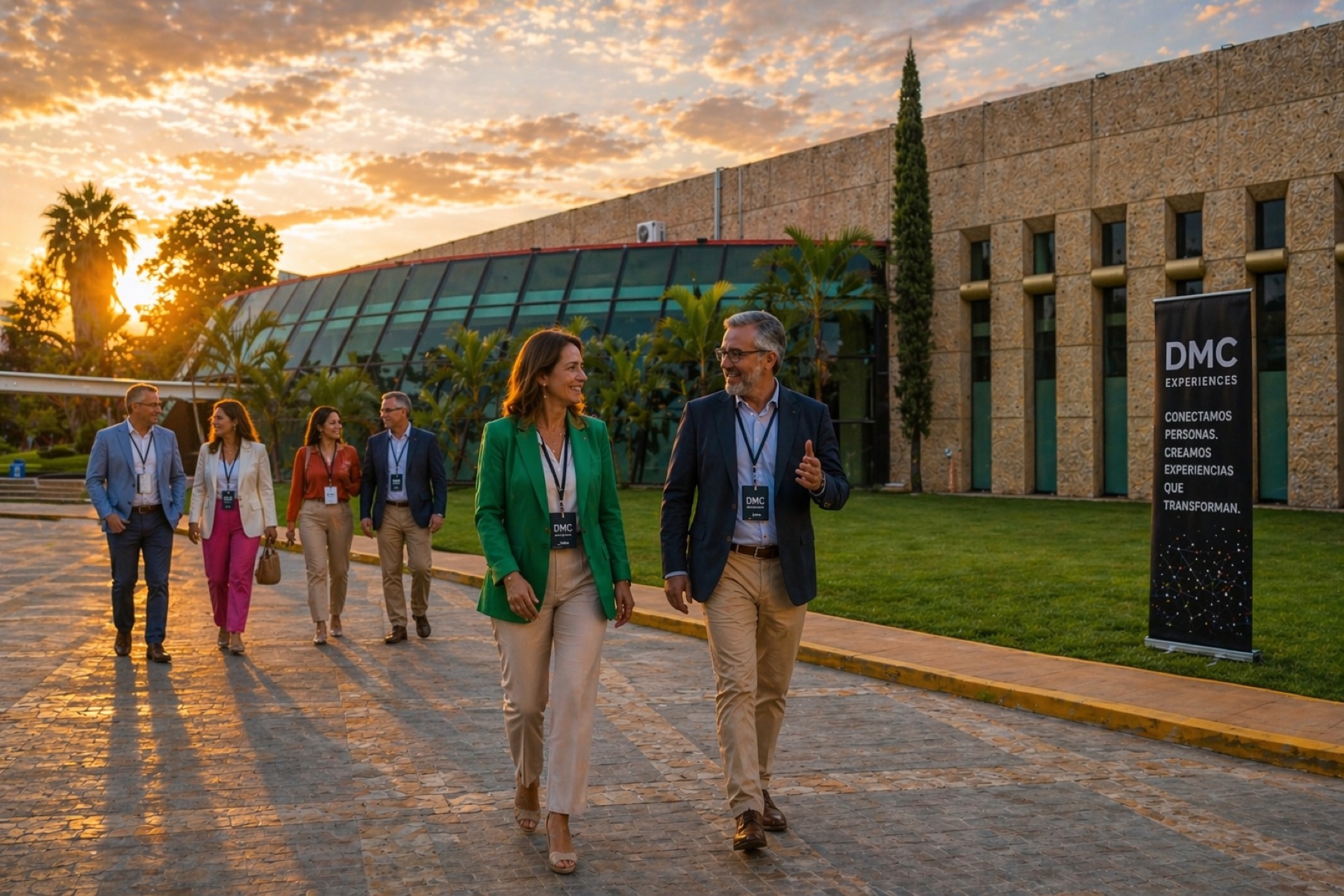 Grupo ejecutivo en venue corporativo de Chiapas al atardecer